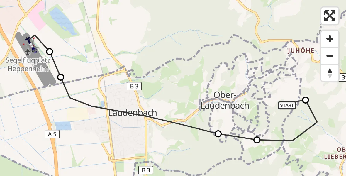 Flugroute Polizeihubschrauber Heppenheim (Bergstraße) - Segelflugplatz Heppenheim, 29 Juni 2026, 15:00