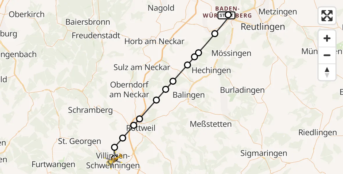 Flugroute Ambulanzhubschrauber Tübingen University Hospital - DRF Air Rescue Station Villingen-Schwenningen Hubschrauberlandeplatz (Christoph 11), 29 Juni 2026, 15:02