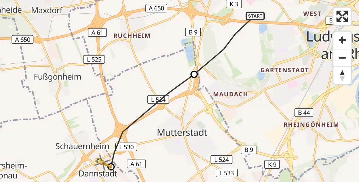 Flugroute Rettungshubschrauber Ludwigshafen am Rhein - Dannstadt-Schauernheim, 29 Juni 2026, 15:05