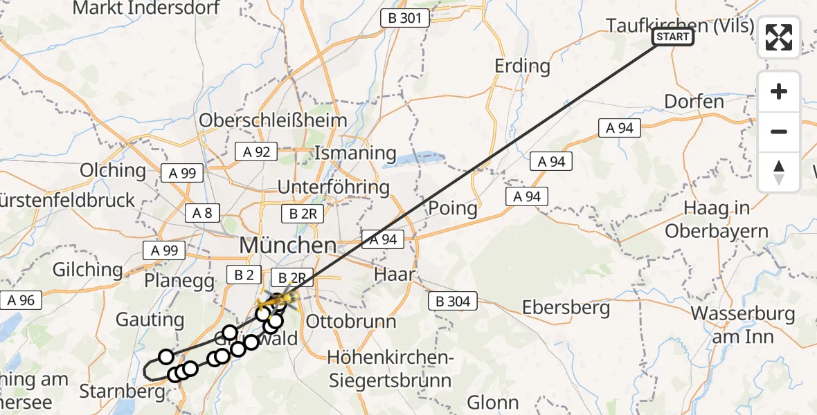 Flugroute Rettungshubschrauber Taufkirchen (Vils) - ADAC Air Rescue Center Hubschrauberlandeplatz (Christoph 1), 29 Juni 2026, 15:14