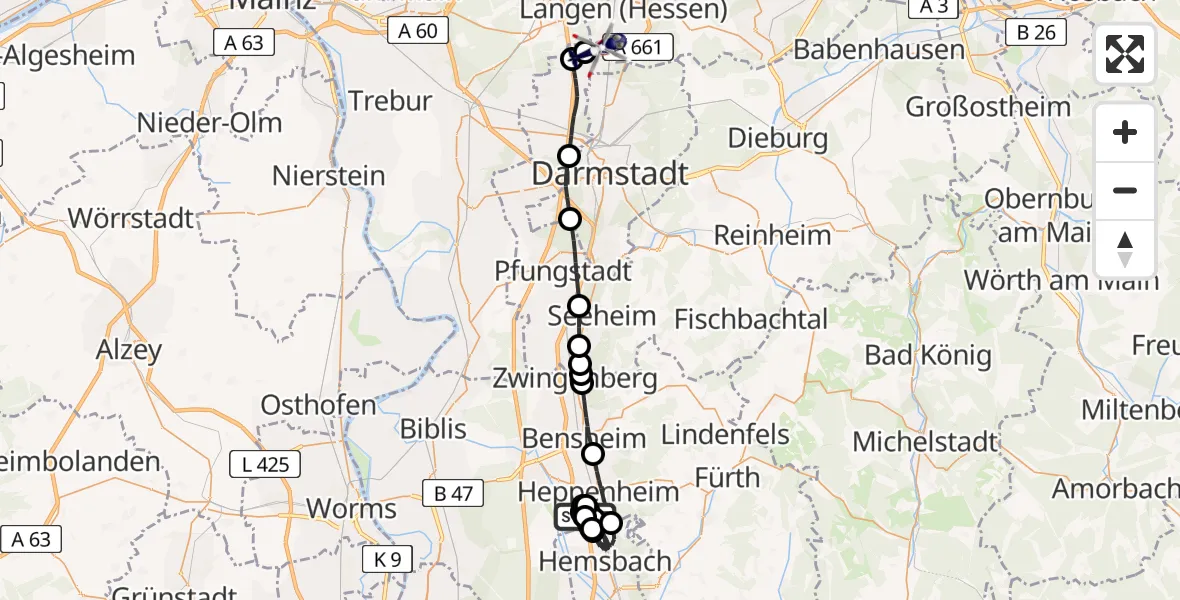 Flugroute Polizeihubschrauber Bergstraße District Hospital - Flughafen Frankfurt-Egelsbach, 29 Juni 2026, 15:14