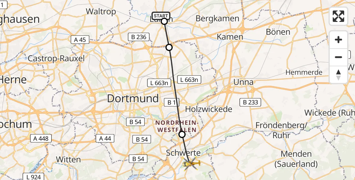 Flugroute Rettungshubschrauber Sankt Marien Hospital - Schwerte, 29 Juni 2026, 15:18
