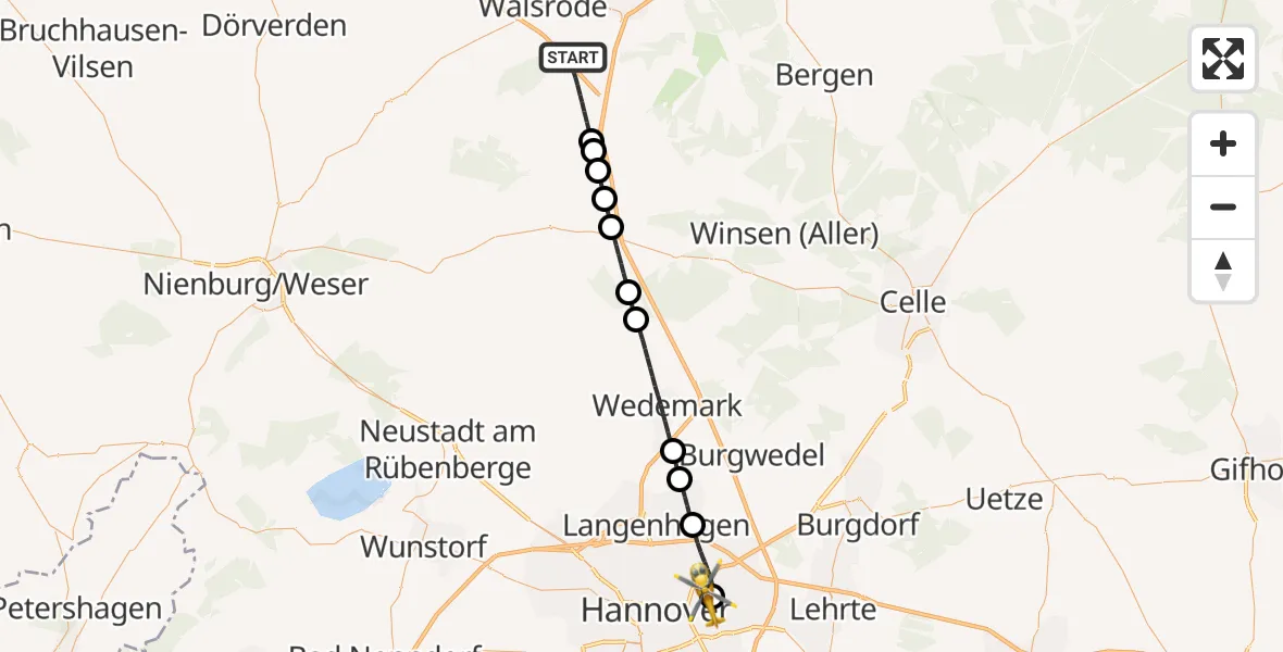 Flugroute Rettungshubschrauber Walsrode - Hannover Luftrettung Hubschrauberlandeplatz (Christoph 4), 29 Juni 2026, 15:24