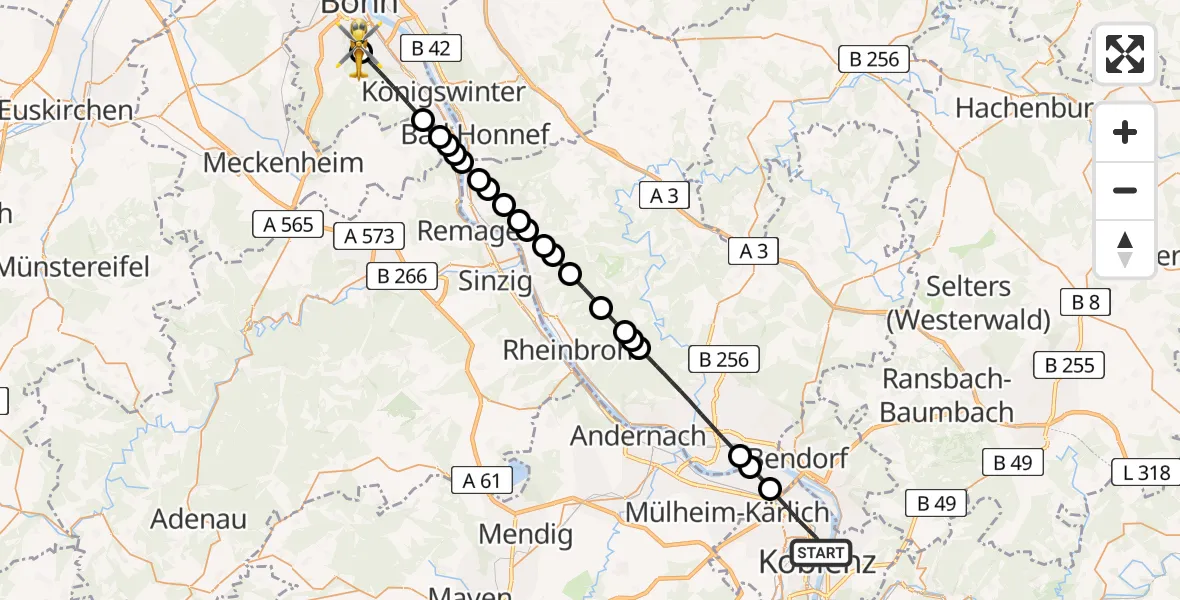 Flugroute Ambulanzhubschrauber Koblenz - Bonn University Hospital, 29 Juni 2026, 15:25