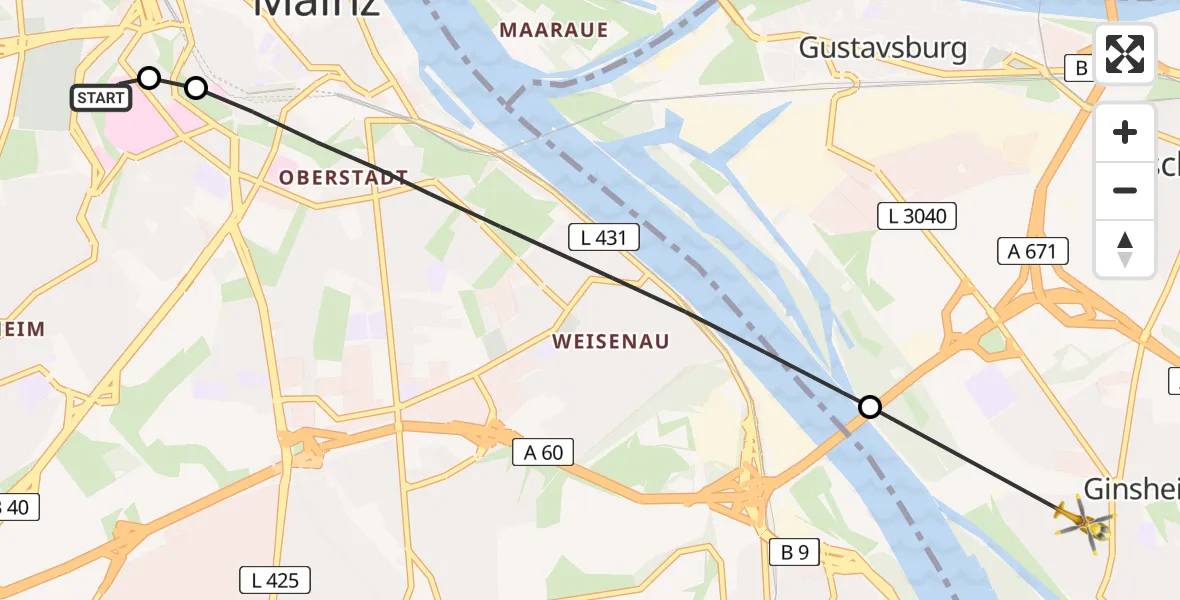 Flugroute Rettungshubschrauber Mainz University Hospital - Ginsheim-Gustavsburg, 29 Juni 2026, 15:28