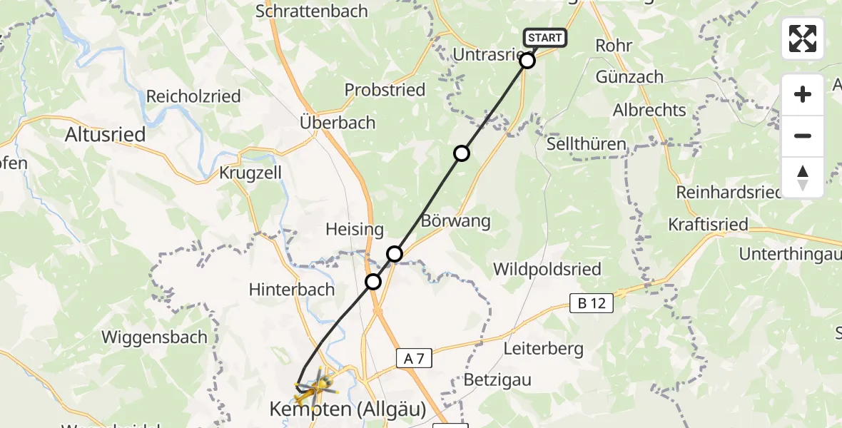 Flugroute Rettungshubschrauber Günzach - Kempten (Allgäu), 29 Juni 2026, 15:37