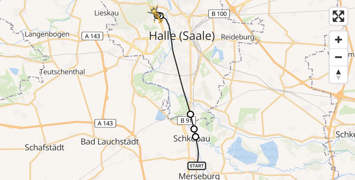 Flugroute Rettungshubschrauber Merseburg - Halle (Saale) University Hospital, 29 Juni 2026, 15:40