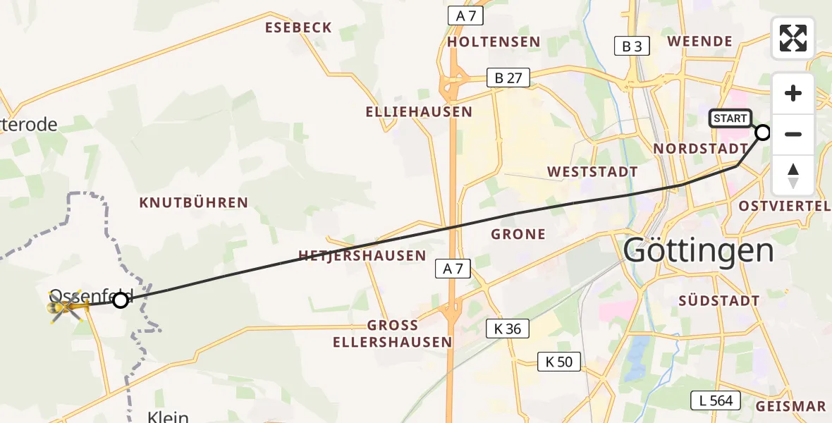 Flugroute Rettungshubschrauber Göttingen University Clinic Hubschrauberlandeplatz - Dransfeld, 29 Juni 2026, 15:41