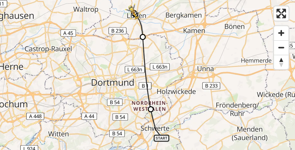 Flugroute Rettungshubschrauber Schwerte - Sankt Marien Hospital, 29 Juni 2026, 15:46