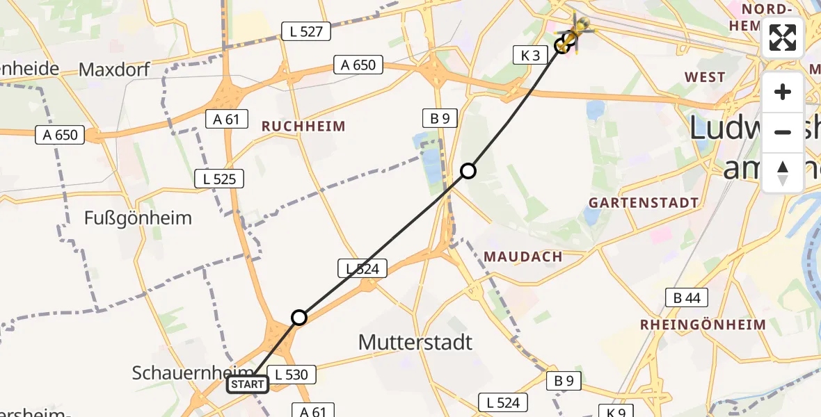 Flugroute Rettungshubschrauber Dannstadt-Schauernheim - Ludwigshafen Accident Hospital, 29 Juni 2026, 15:48
