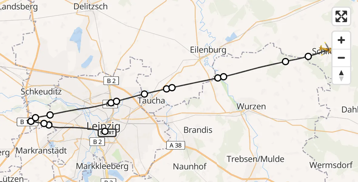 Flugroute Rettungshubschrauber Leipzig University Hospital Heliport 1 - Belgern-Schildau, 29 Juni 2026, 15:49
