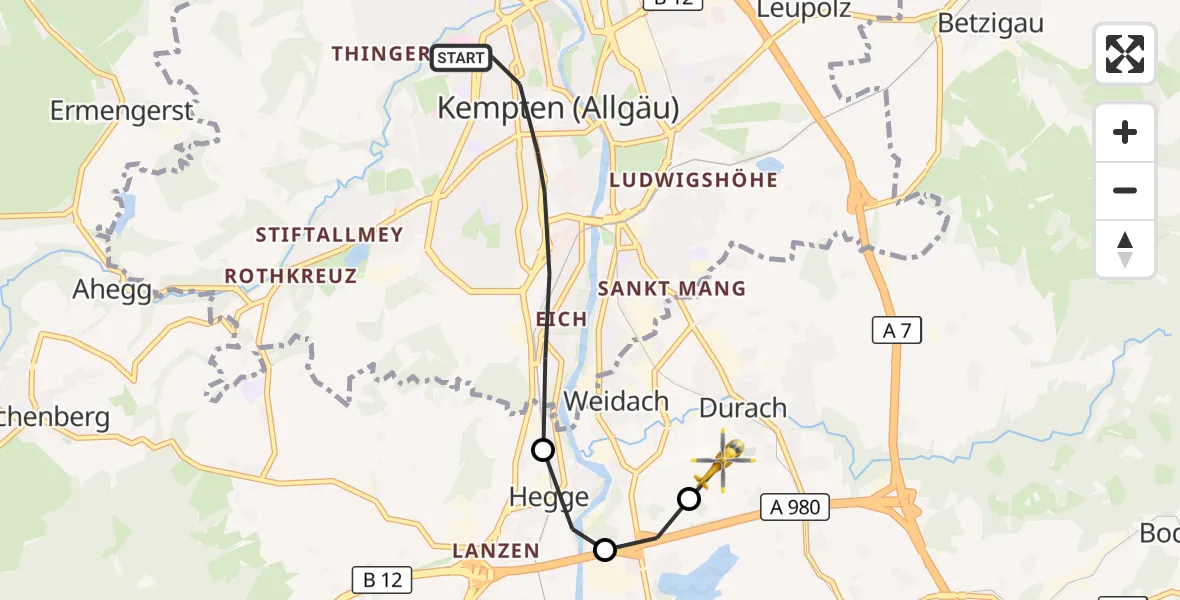 Flugroute Rettungshubschrauber Kempten (Allgäu) - Kempten-Durach Flugplatz, 29 Juni 2026, 16:03