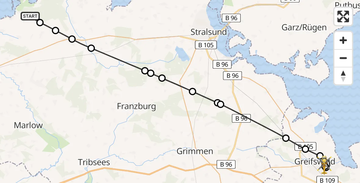 Flugroute Rettungshubschrauber Saal - Greifswald Hospital, 29 Juni 2026, 16:10