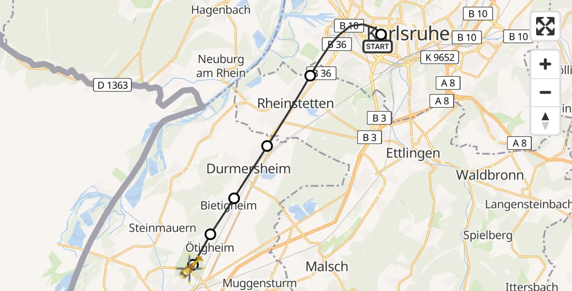 Flugroute Ambulanzhubschrauber Sankt Vincentius Hospital - Rastatt, 29 Juni 2026, 16:10