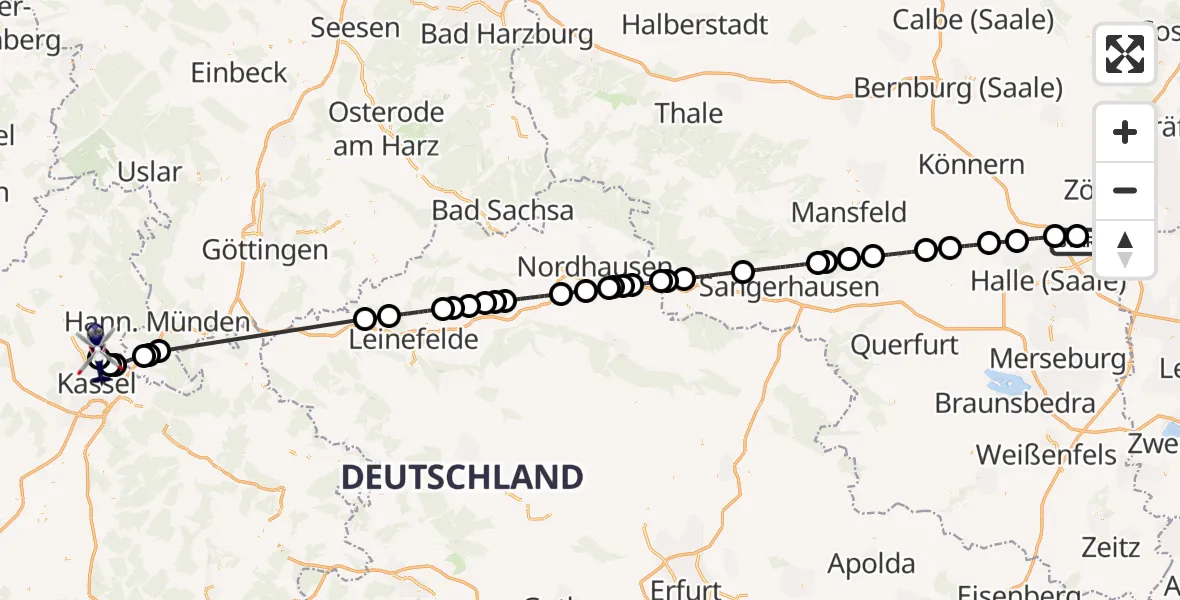 Flugroute Polizeihubschrauber Halle-Oppin Flugplatz - Fuldatal Bundespolizei Hubschrauberlandeplatz, 29 Juni 2026, 16:15