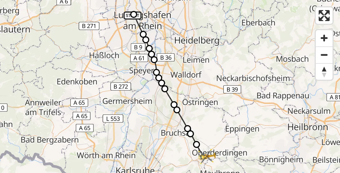 Flugroute Rettungshubschrauber Ludwigshafen Accident Hospital - Bretten, 29 Juni 2026, 16:16