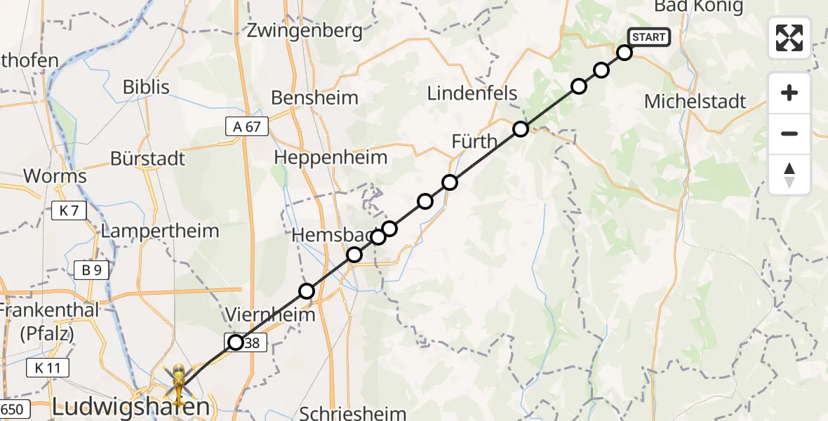 Flugroute Rettungshubschrauber Brombachtal - Mannheim, 29 Juni 2026, 16:16