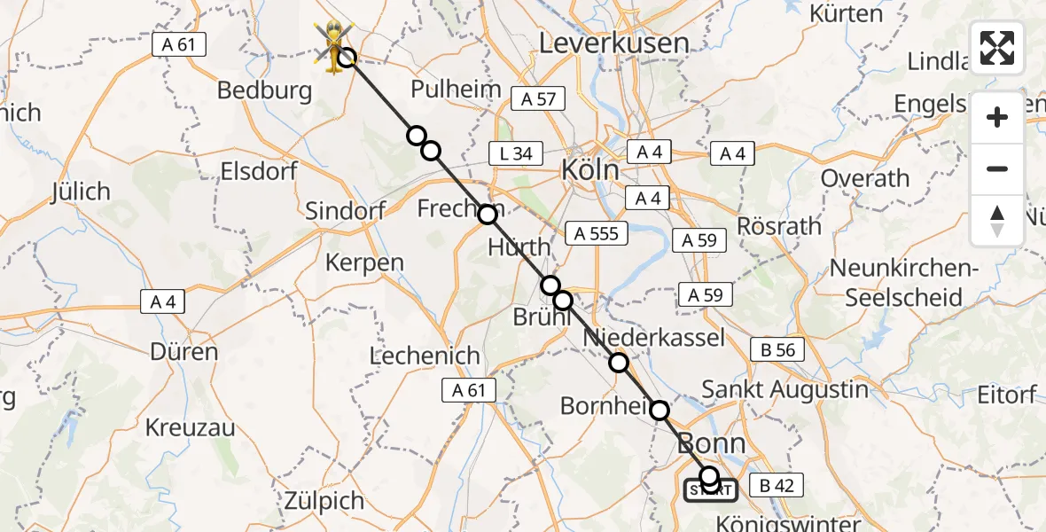 Flugroute Ambulanzhubschrauber Bonn University Hospital - Rommerskirchen, 29 Juni 2026, 16:17