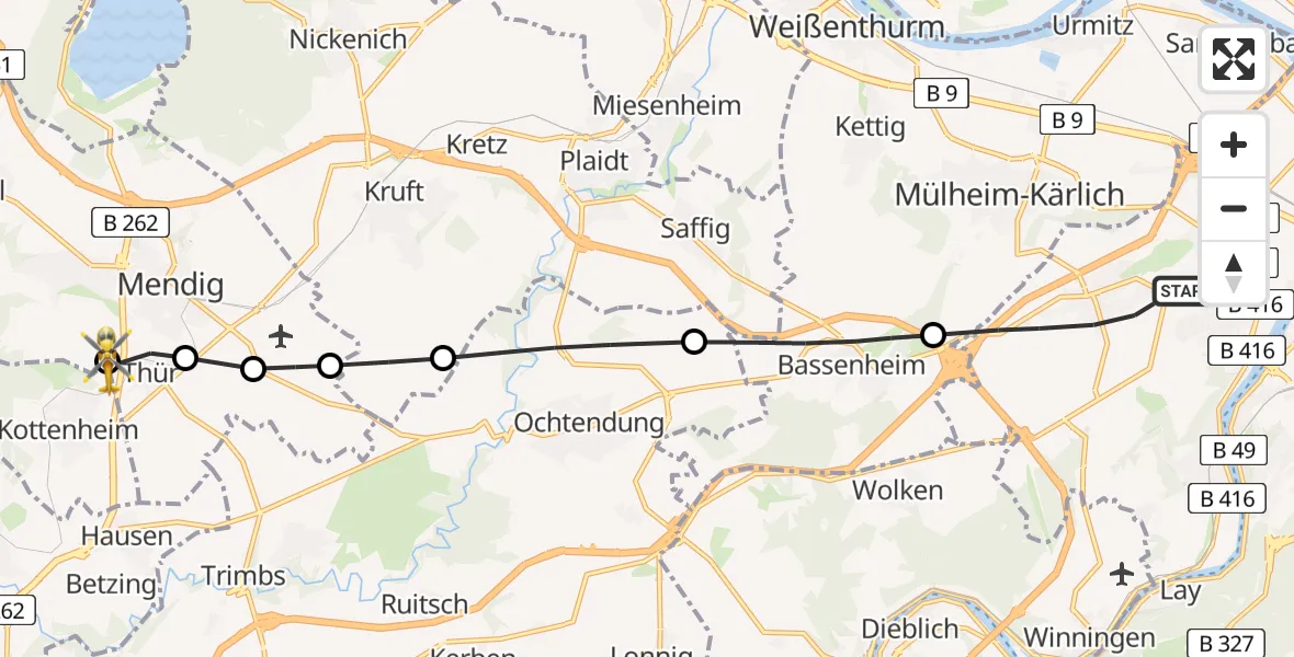 Flugroute Rettungshubschrauber Koblenz - Mendig, 29 Juni 2026, 16:18