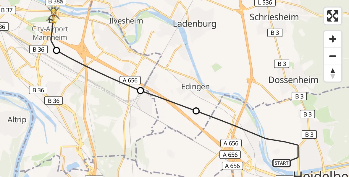 Flugroute Rettungshubschrauber Heidelberg - Mannheim-City Flughafen, 29 Juni 2026, 16:18
