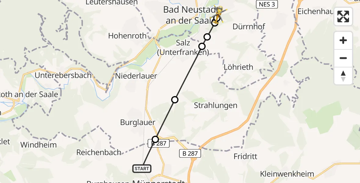 Flugroute Ambulanzhubschrauber Münnerstadt - Bad Neustadt an der Saale Hospital, 29 Juni 2026, 16:20