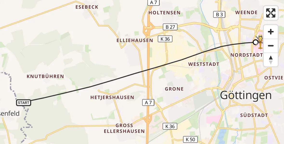 Flugroute Rettungshubschrauber Göttingen - Göttingen University Clinic Hubschrauberlandeplatz, 29 Juni 2026, 16:22