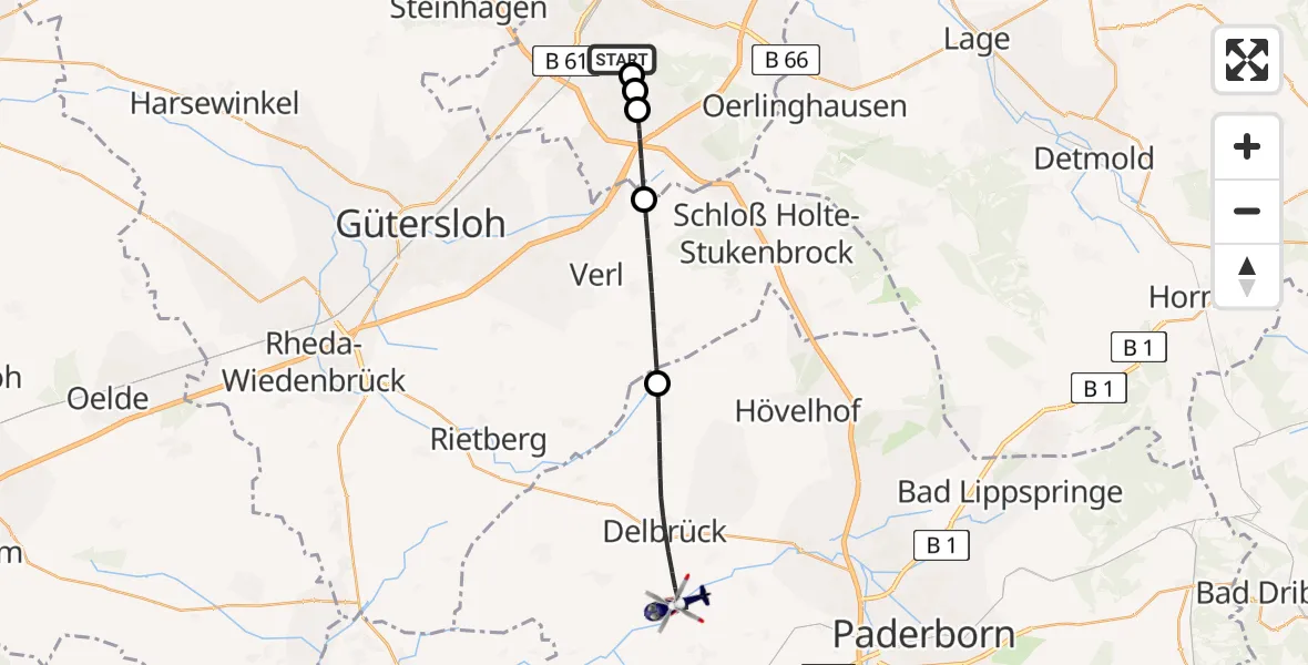 Flugroute Polizeihubschrauber Luftrettungszentrum Bielefeld - Delbrück, 29 Juni 2026, 16:40