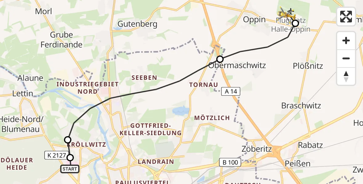 Flugroute Rettungshubschrauber Halle (Saale) University Hospital - Halle-Oppin Flugplatz, 29 Juni 2026, 16:46