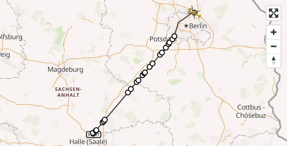 Flugroute Rettungshubschrauber Halle-Oppin Flugplatz - Helios Clinic Berlin-Buch, 29 Juni 2026, 16:47