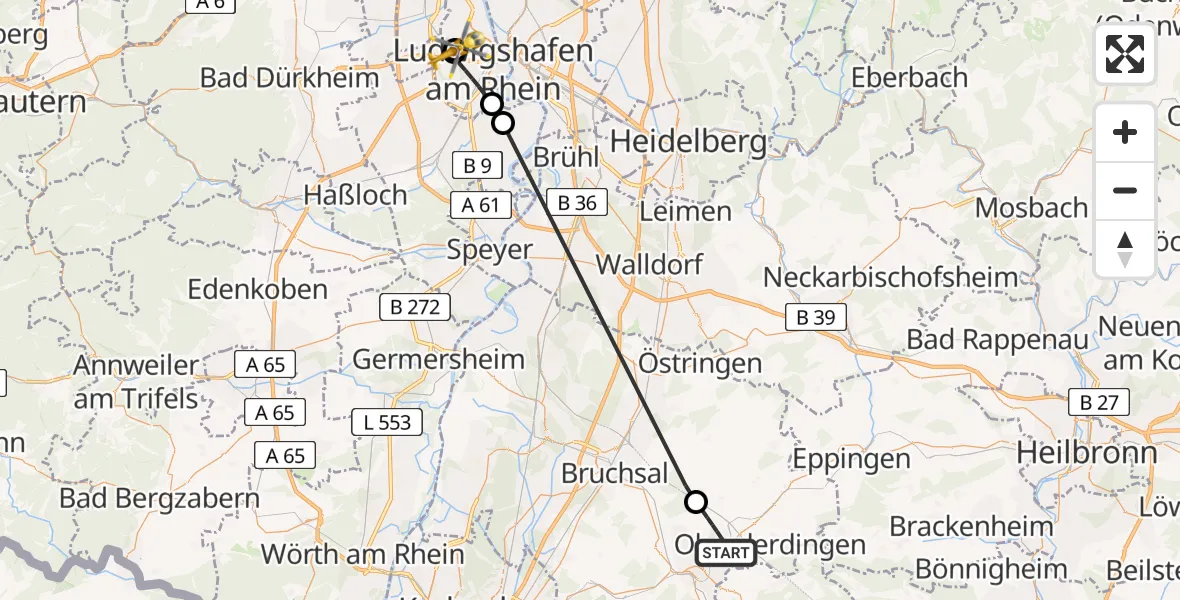 Flugroute Rettungshubschrauber Bretten - Ludwigshafen Accident Hospital, 29 Juni 2026, 16:52