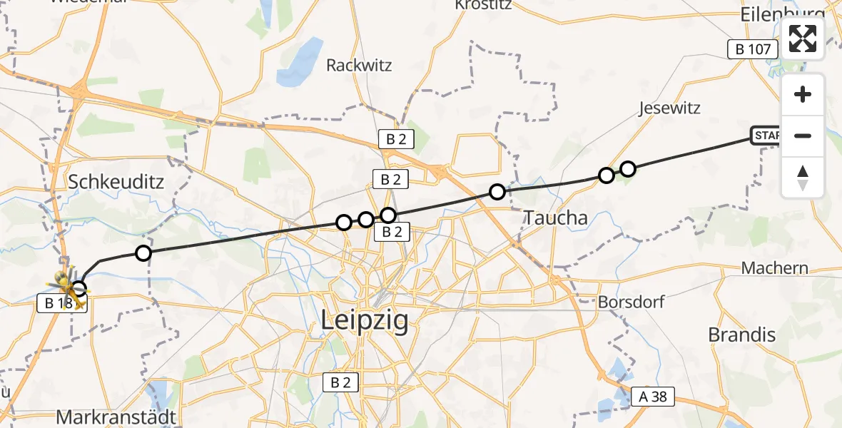 Flugroute Rettungshubschrauber Jesewitz - ADAC Air Rescue Station Leipzig/Schkeuditz-Dölzig Hubschrauberlandeplatz (Christoph 61), 29 Juni 2026, 17:04