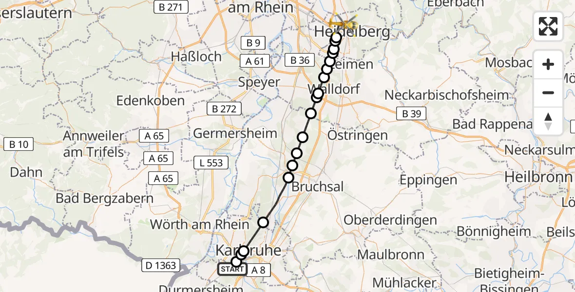 Flugroute Ambulanzhubschrauber Rheinstetten - Heidelberg, 29 Juni 2026, 17:04