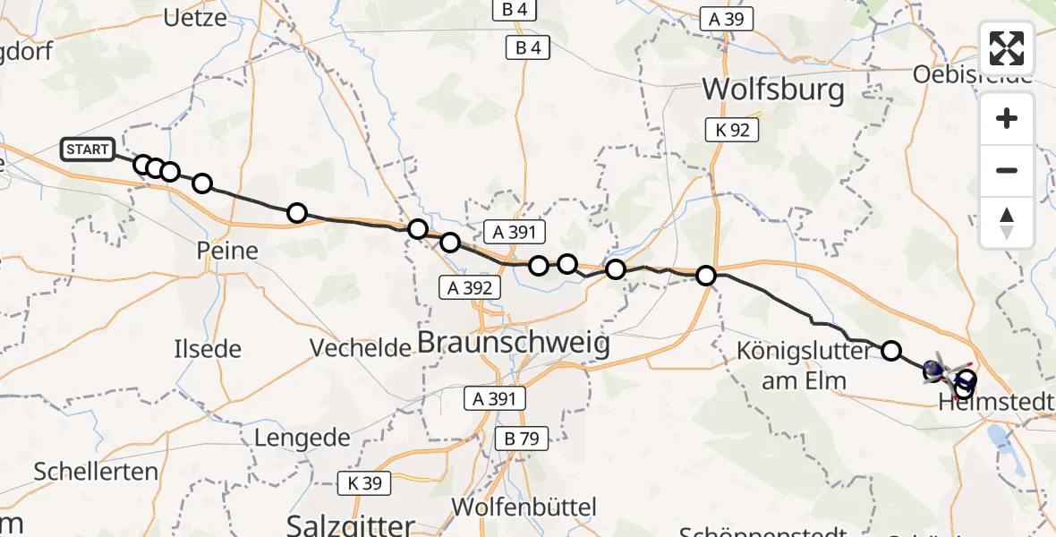 Flugroute Polizeihubschrauber Lehrte - Helmstedt, 29 Juni 2026, 17:04