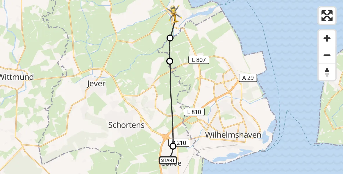 Flugroute Rettungshubschrauber Sande - Wangerland, 29 Juni 2026, 17:06