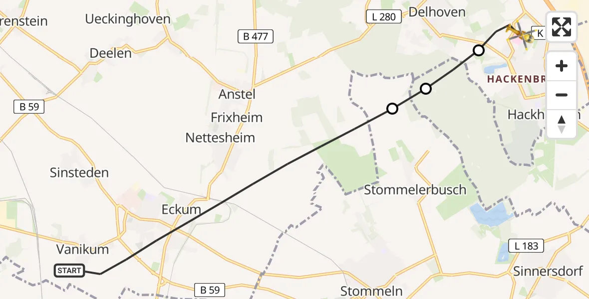 Flugroute Ambulanzhubschrauber Rommerskirchen - Dormagen, 29 Juni 2026, 17:08