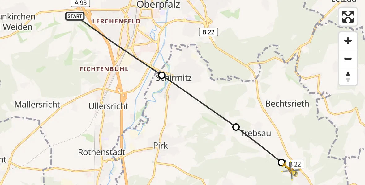 Flugroute Rettungshubschrauber Weiden i.d.OPf. - Irchenrieth, 29 Juni 2026, 17:09