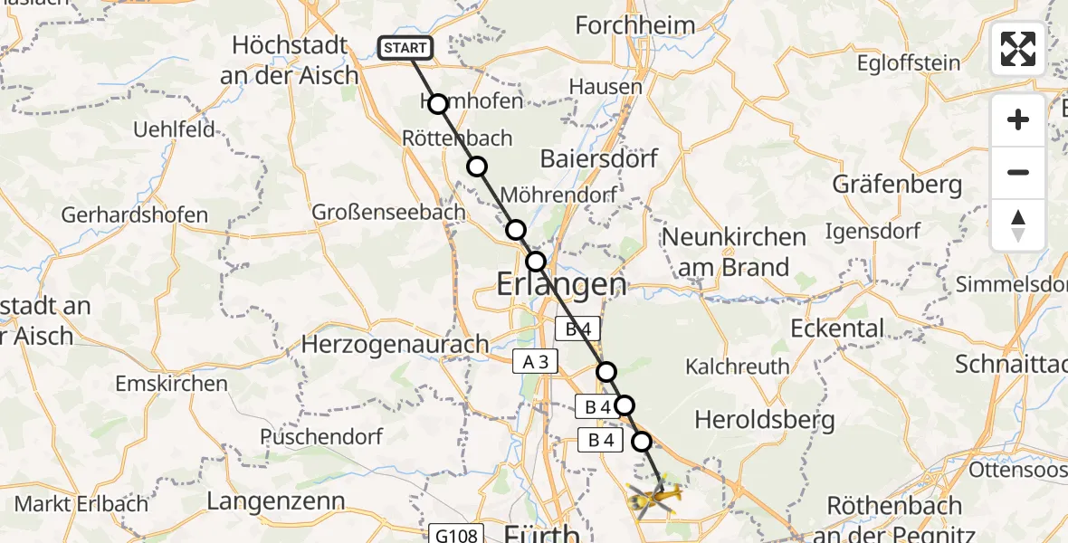 Flugroute Rettungshubschrauber Adelsdorf - Flughafen Nuremberg, 29 Juni 2026, 17:14