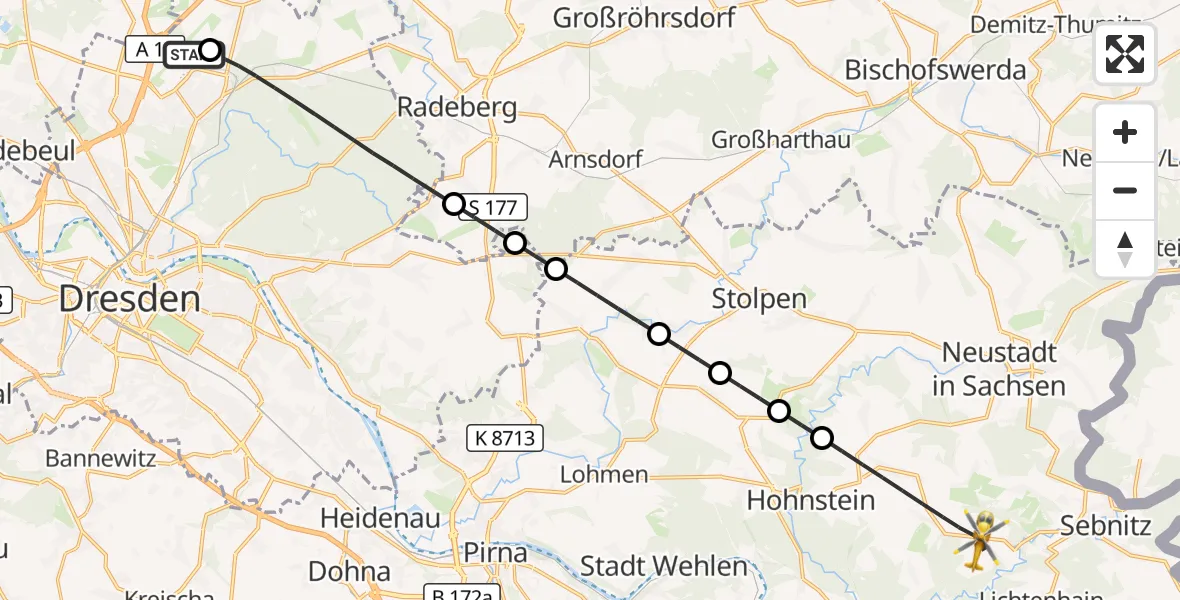 Flugroute Rettungshubschrauber Dresden Bundespolizei Hubschrauberlandeplatz - Hohnstein, 29 Juni 2026, 17:15