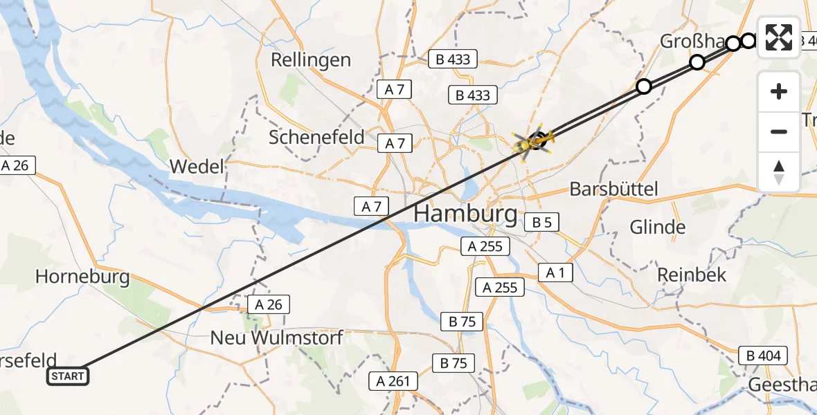 Flugroute Rettungshubschrauber Harsefeld - Hamburg Military Hospital, 29 Juni 2026, 17:16