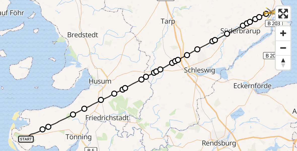 Flugroute Ambulanzhubschrauber Tating - Kappeln, 29 Juni 2026, 17:17