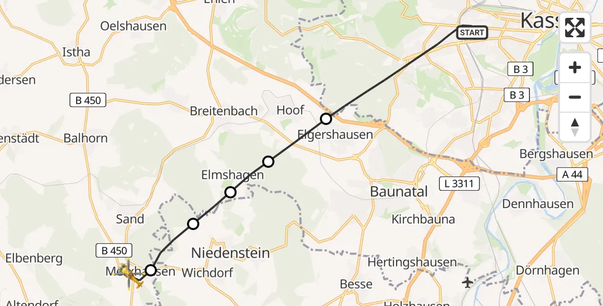 Flugroute Rettungshubschrauber Kassel - Bad Emstal, 29 Juni 2026, 17:19