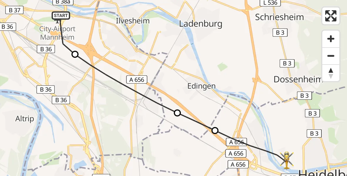 Flugroute Rettungshubschrauber Mannheim-City Flughafen - Heidelberg, 29 Juni 2026, 17:23