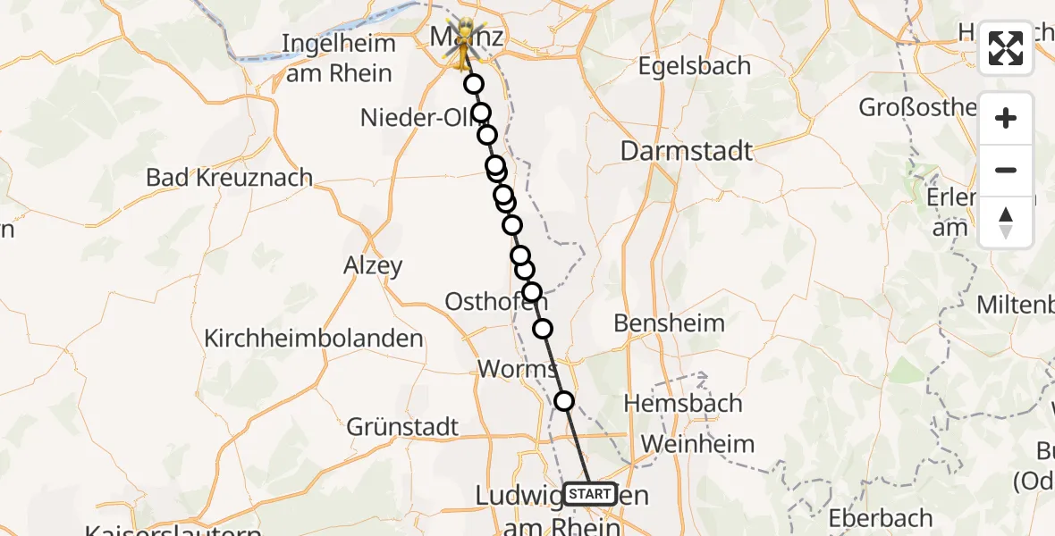 Flugroute Rettungshubschrauber Mannheim - Mainz, 29 Juni 2026, 17:27