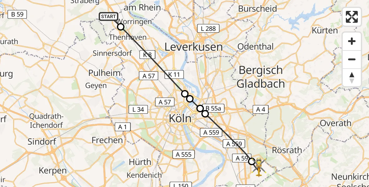 Flugroute Ambulanzhubschrauber Dormagen - Köln Bonn Flughafen, 29 Juni 2026, 17:30