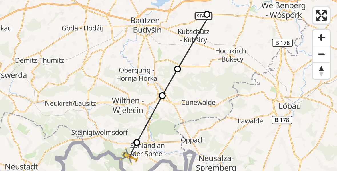 Flugroute Rettungshubschrauber Bautzen Flugplatz - Sohland a.d.Spree, 29 Juni 2026, 17:30