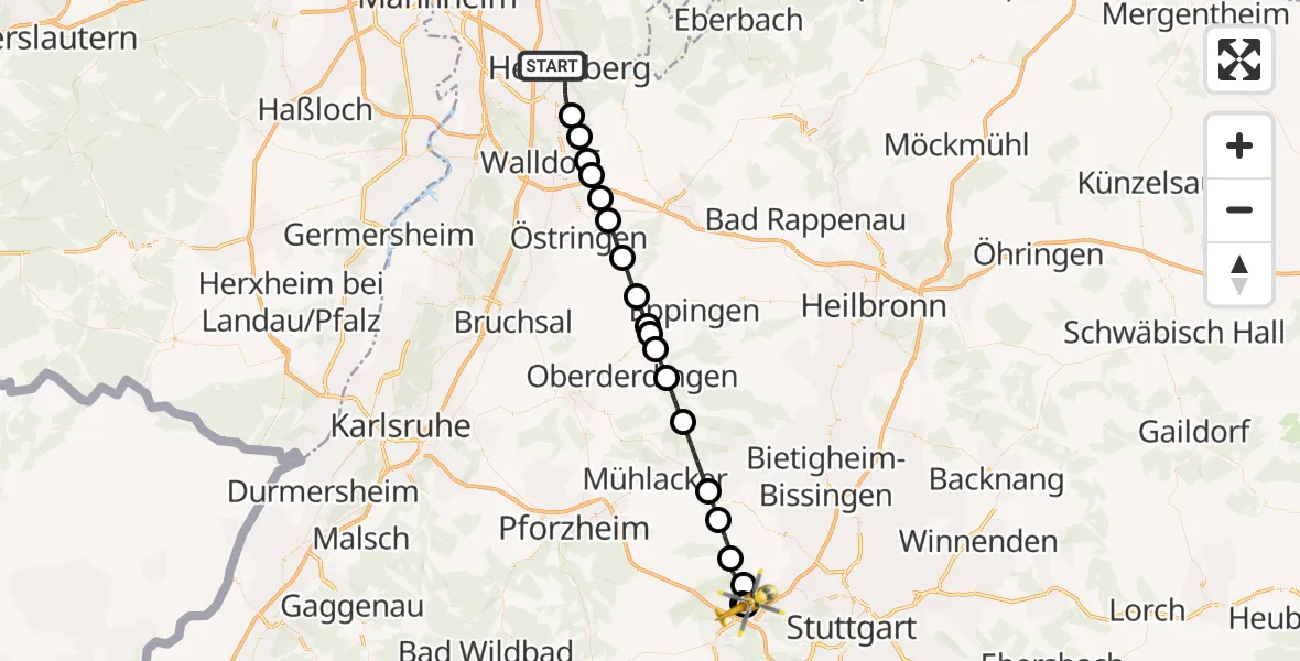 Flugroute Rettungshubschrauber Heidelberg - Leonberg Hospital, 29 Juni 2026, 17:36