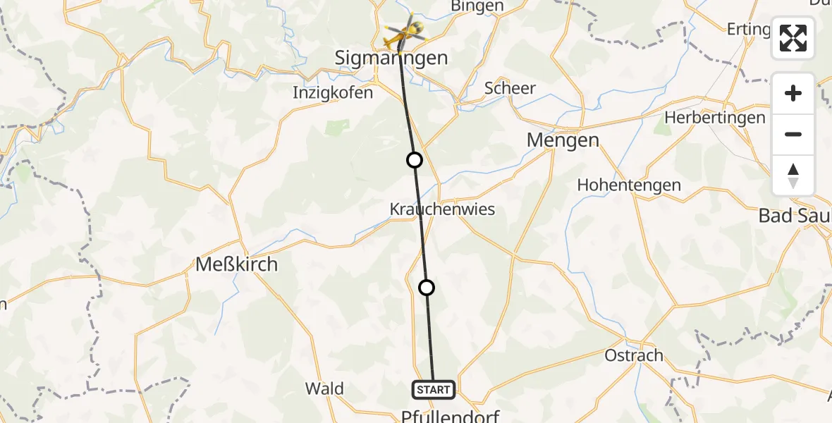 Flugroute Rettungshubschrauber Pfullendorf - Sigmaringen, 29 Juni 2026, 17:40