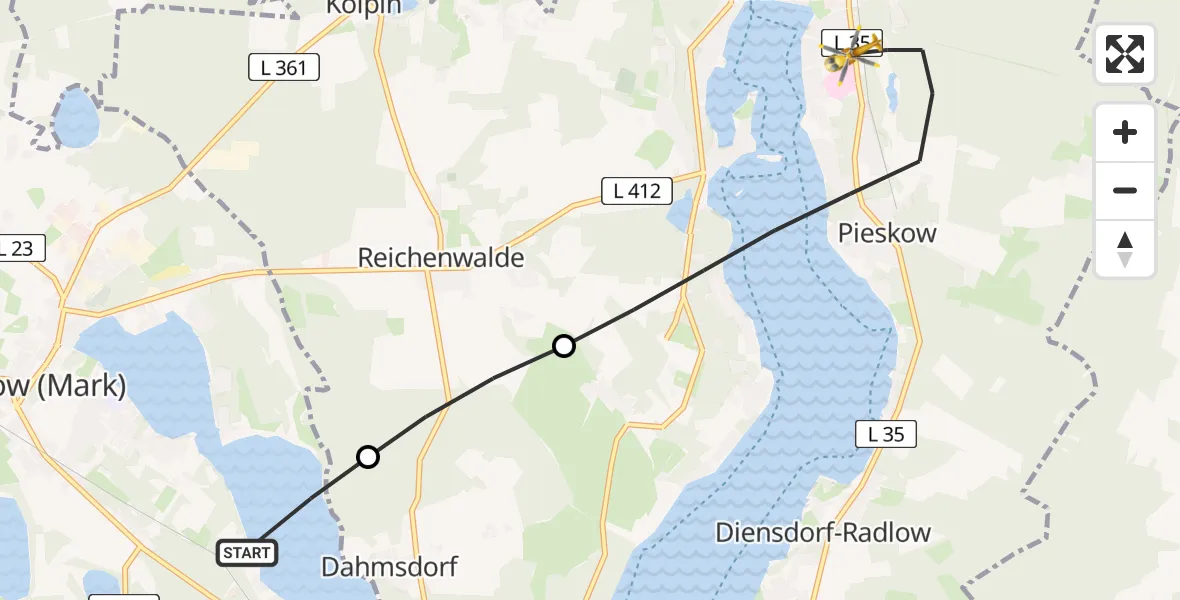Flugroute Rettungshubschrauber Hubertushöhe Wasserflugzeugbasis - Bad Saarow Hospital Hubschrauberlandeplatz, 29 Juni 2026, 17:40