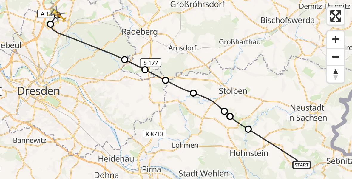 Flugroute Rettungshubschrauber Hohnstein - Dresden Bundespolizei Hubschrauberlandeplatz, 29 Juni 2026, 17:46