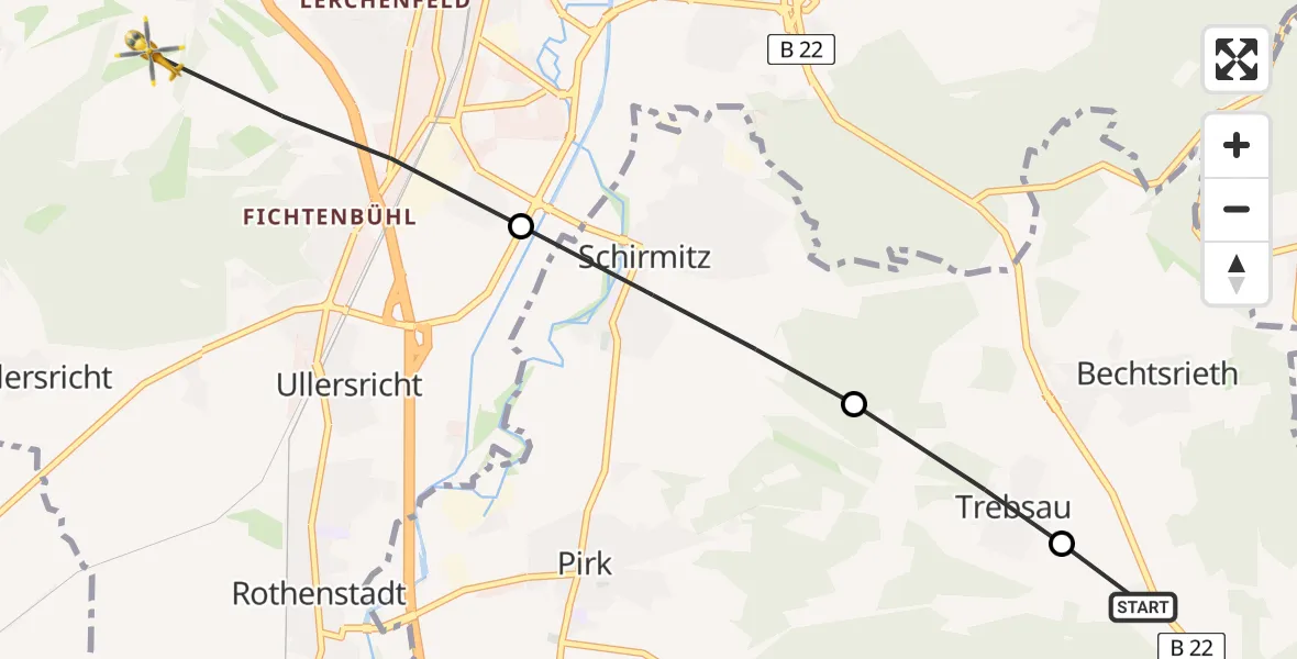 Flugroute Rettungshubschrauber Irchenrieth - Weiden i.d.OPf., 29 Juni 2026, 17:46